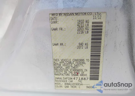 2013 Nissan Altima 2.5 Sl из США, поврежденный, VIN 1N4AL3AP1DN471887